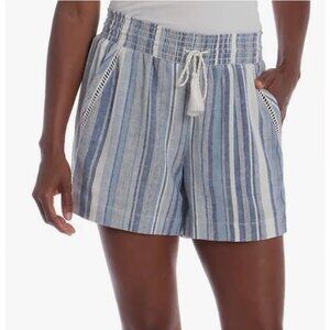 Briggs Womens Linen Blend High Rise Pull-On Shorts Blue and White Stripes Medium